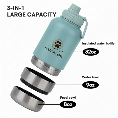 Pawfectly Cool 3-in-1 Stainless Steel Travel Bottle & Pet Bowl Combo