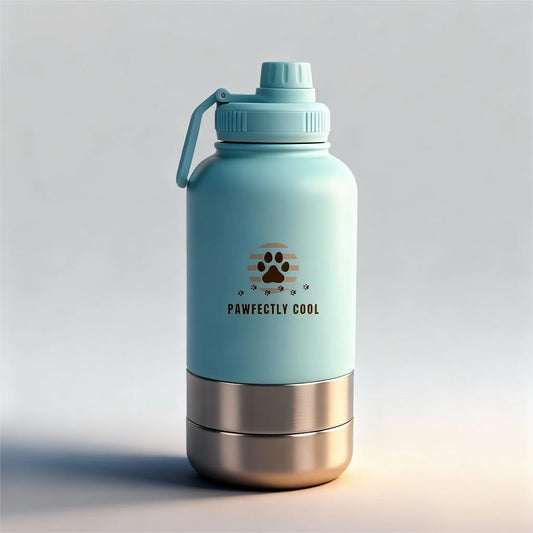 Travel-friendly 3-in-1 pet hydration and feeding bottle for dogs and cats

Leak-proof stainless steel pet bottle with collapsible bowl by Pawfectly Cool

Outdoor pet travel bottle and bowl combo on picnic blanket