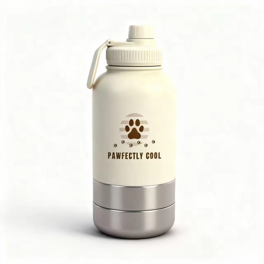 Travel-friendly 3-in-1 pet hydration and feeding bottle for dogs and cats

Leak-proof stainless steel pet bottle with collapsible bowl by Pawfectly Cool

Outdoor pet travel bottle and bowl combo on picnic blanket