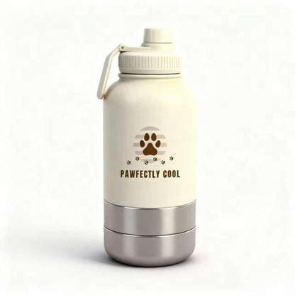 Travel-friendly 3-in-1 pet hydration and feeding bottle for dogs and cats

Leak-proof stainless steel pet bottle with collapsible bowl by Pawfectly Cool

Outdoor pet travel bottle and bowl combo on picnic blanket